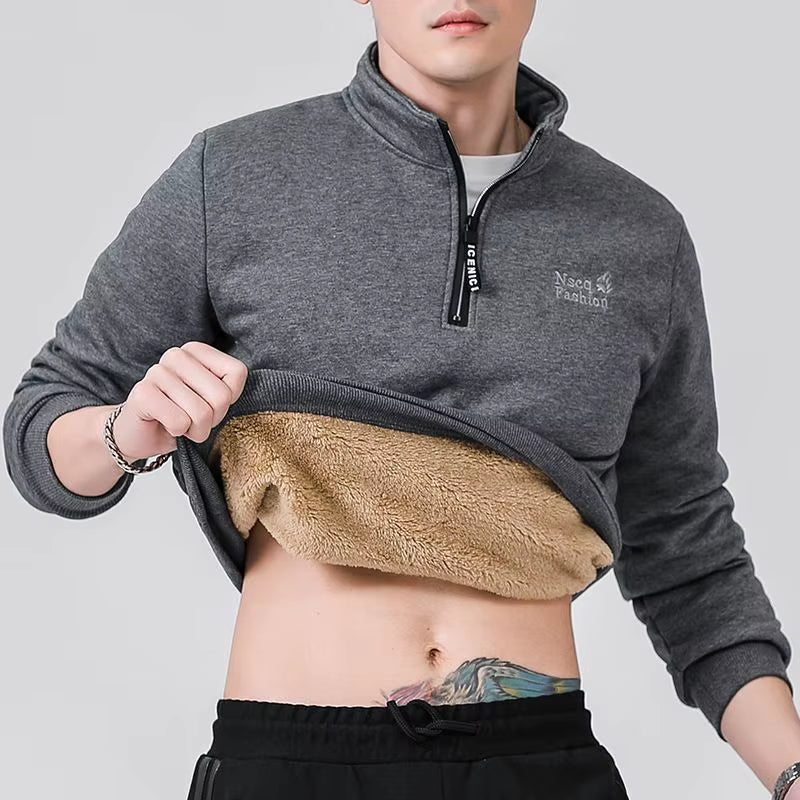 Winter Sweatshirt Men Long Sleeves Men Fleece Lined Warm Sweatshirt Pure Color Quarter Zip Sweatshirt Thicken plus Size L-7XL